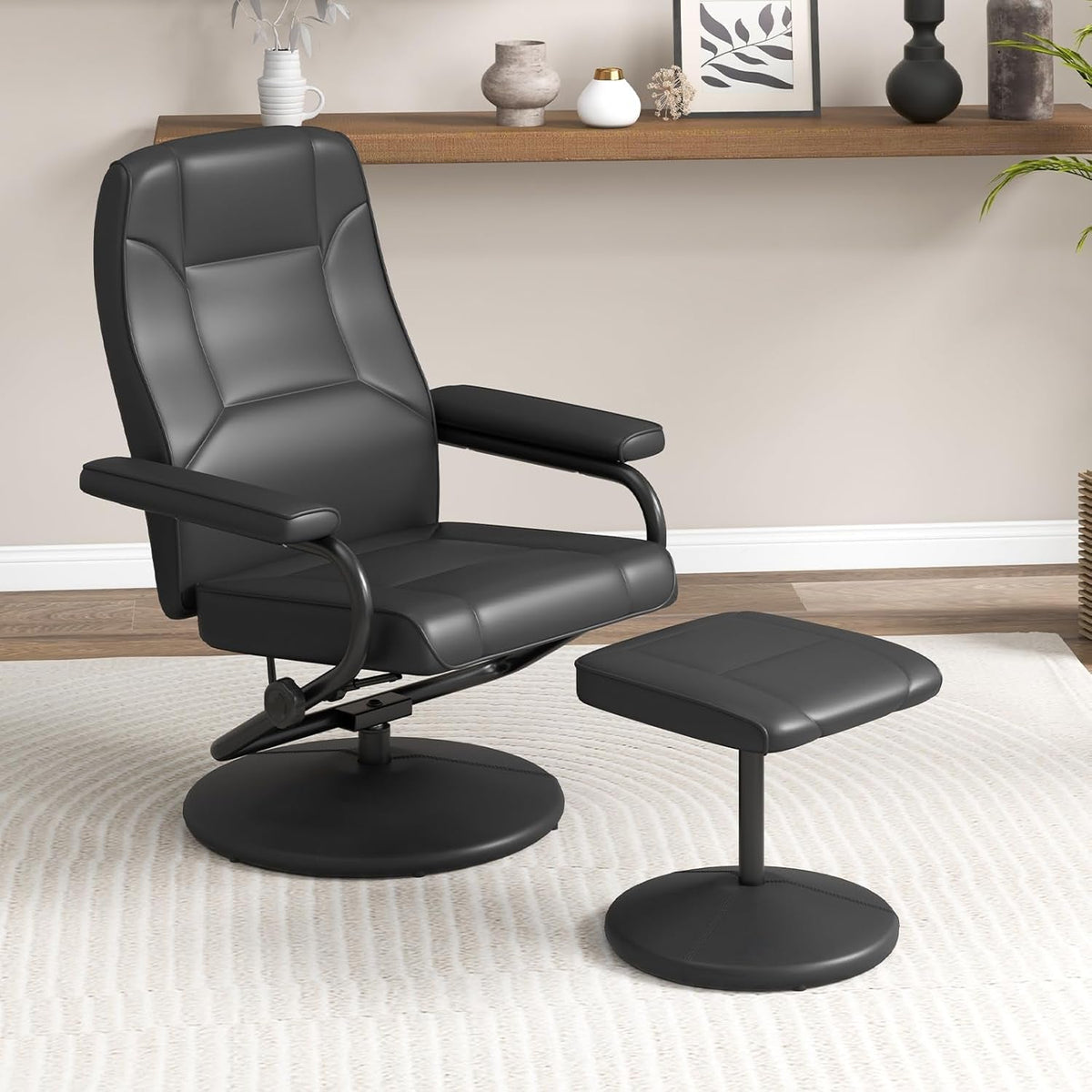 Black Faux Leather Recliner Chair With Ottoman 360 Degree Swivel
