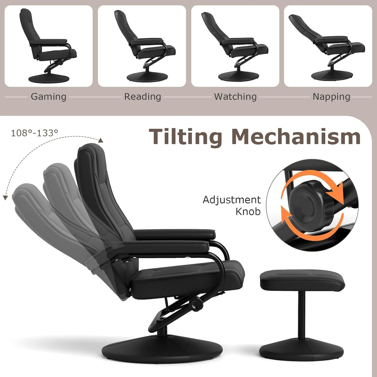 Black Faux Leather Recliner Chair With Ottoman 360 Degree Swivel