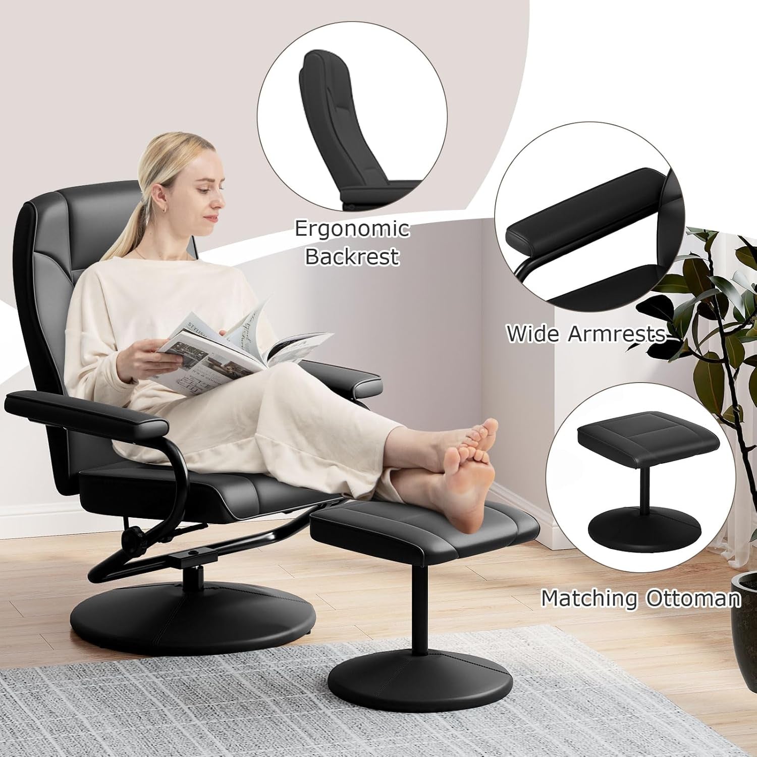 Black Faux Leather Recliner Chair With Ottoman 360 Degree Swivel
