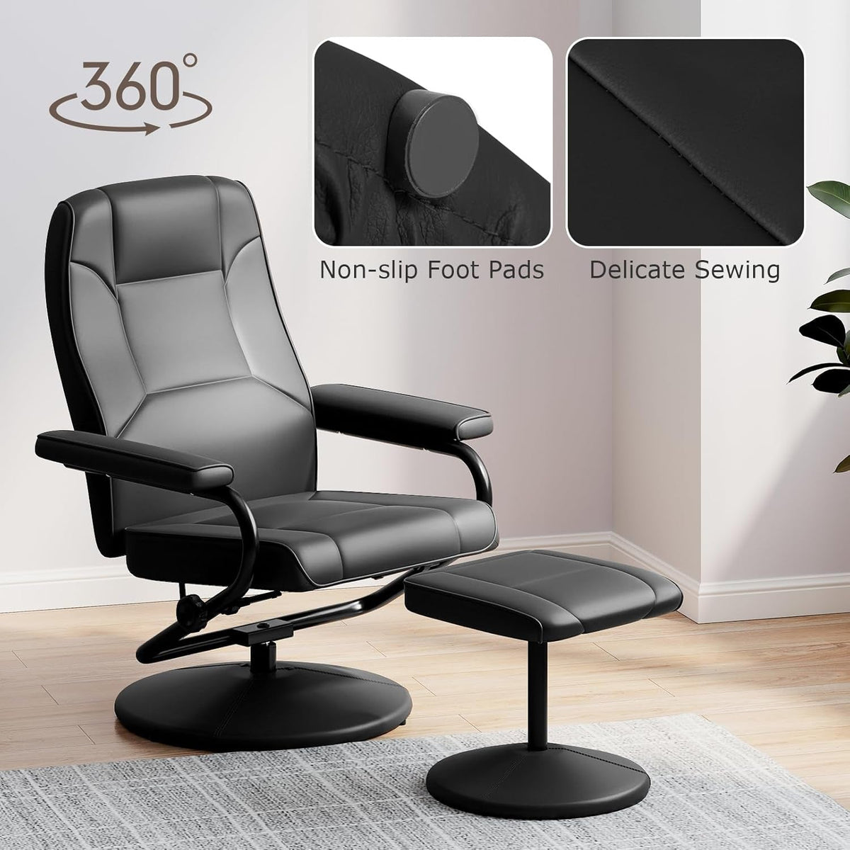 Black Faux Leather Recliner Chair With Ottoman 360 Degree Swivel