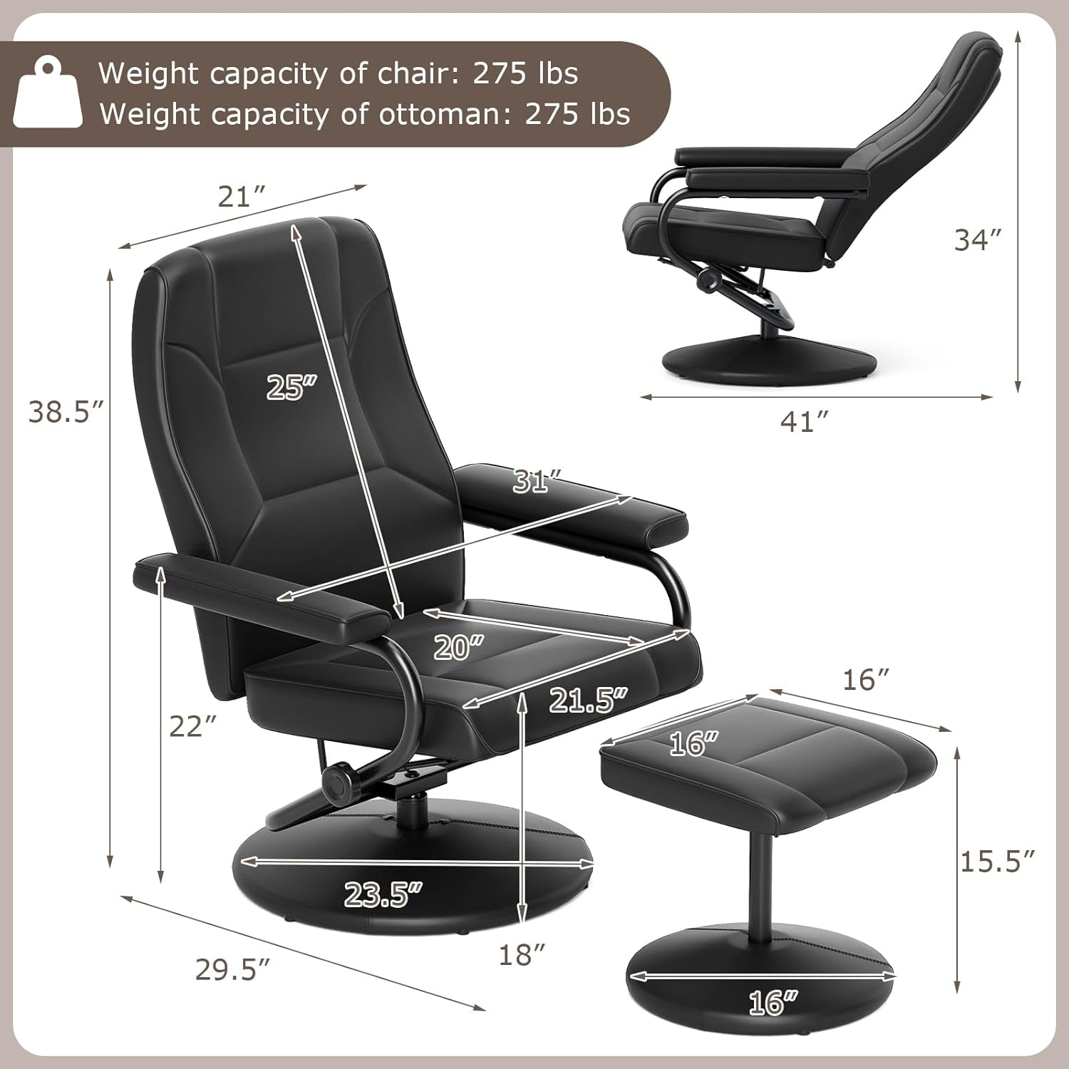 Black Faux Leather Recliner Chair With Ottoman 360 Degree Swivel