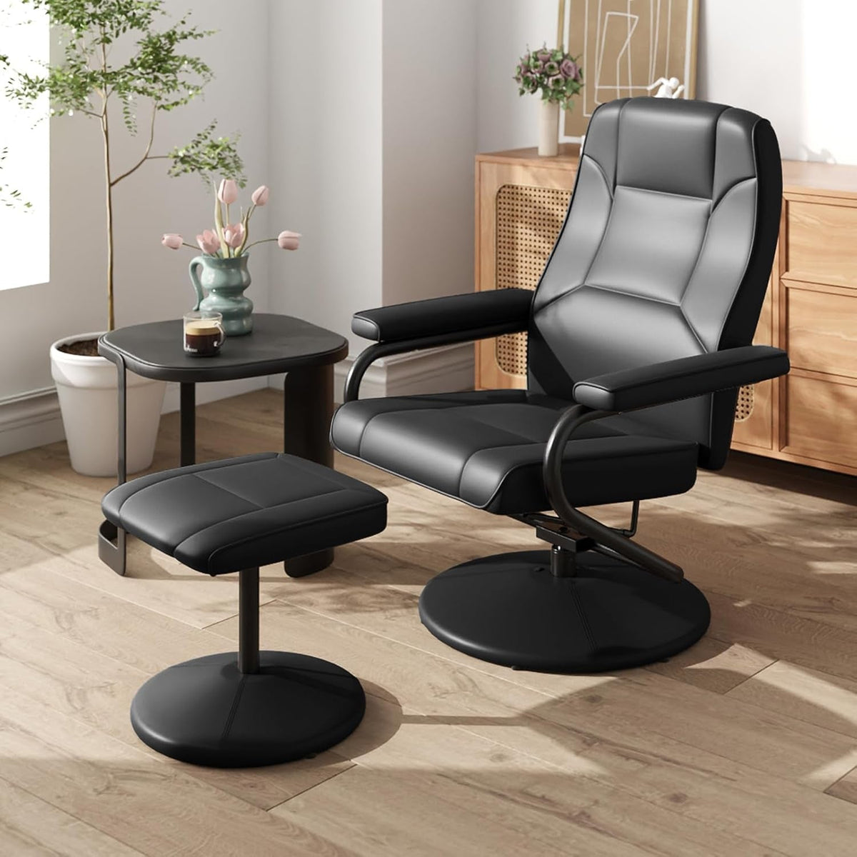 Black Faux Leather Recliner Chair With Ottoman 360 Degree Swivel