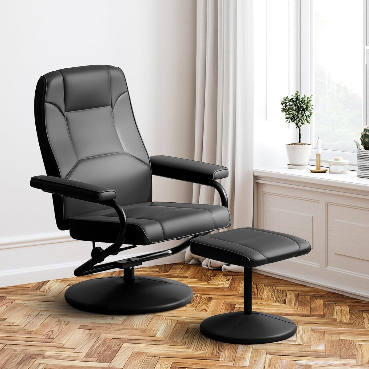 Black Faux Leather Recliner Chair With Ottoman 360 Degree Swivel