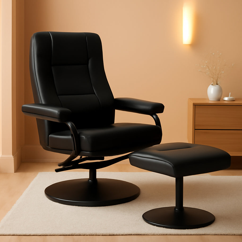 Black Faux Leather Recliner Chair With Ottoman 360 Degree Swivel