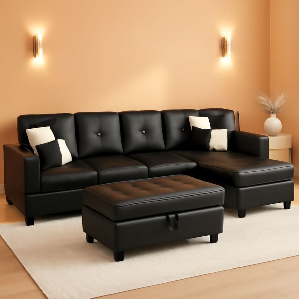 Black Faux Leather Sectional Sofa Set With Ottoman