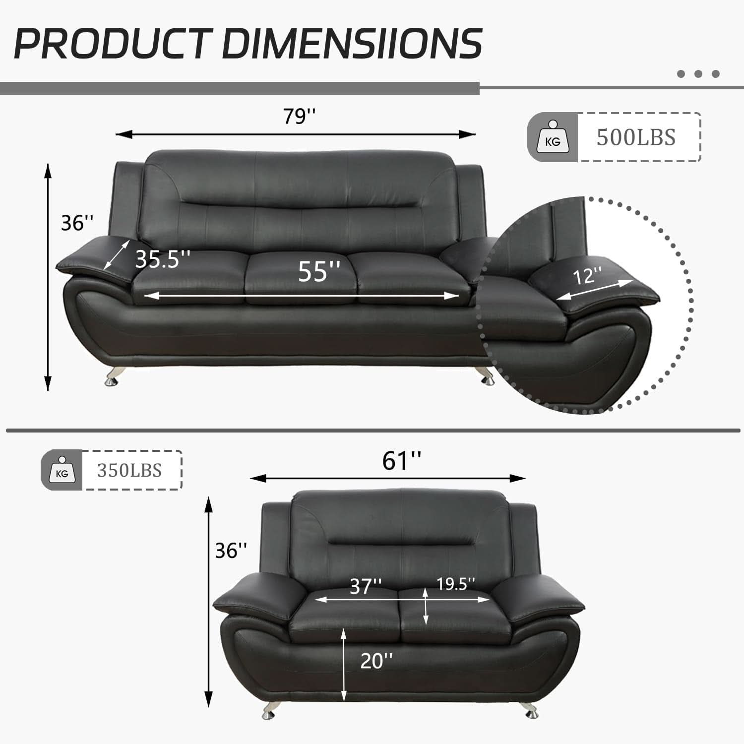 Black Faux Leather Sofa Loveseat 2 Piece Living Room Set