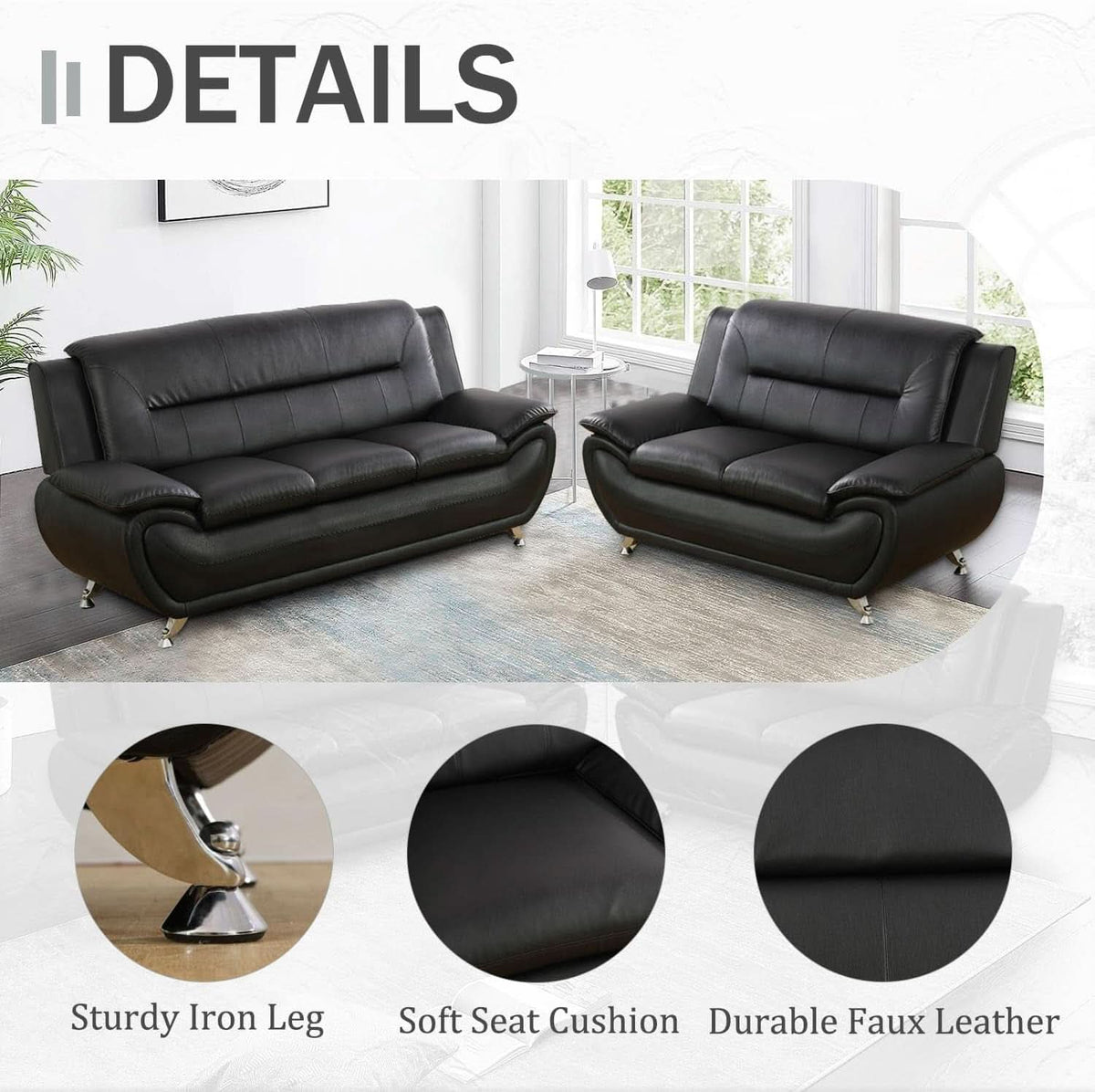 Black Faux Leather Sofa Loveseat 2 Piece Living Room Set