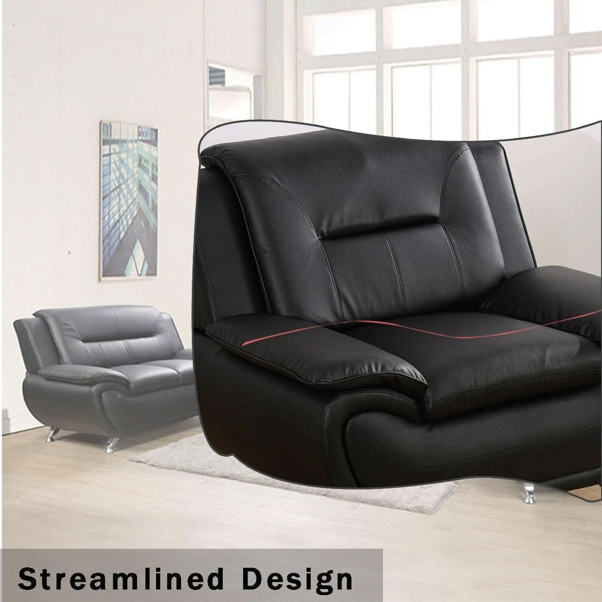 Black Faux Leather Sofa Set For Living Room Tufted Comfort