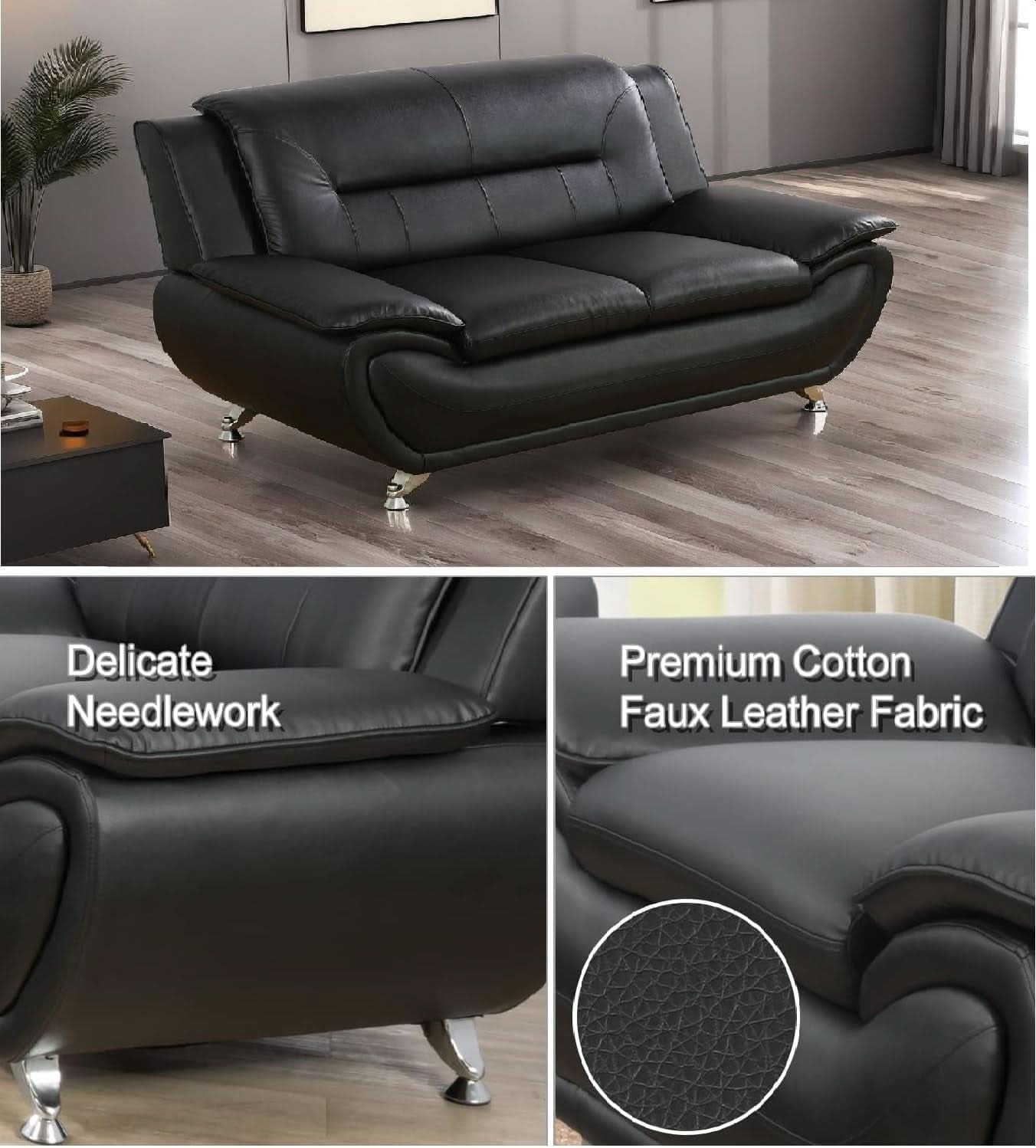 Black Faux Leather Sofa Set For Living Room Tufted Comfort