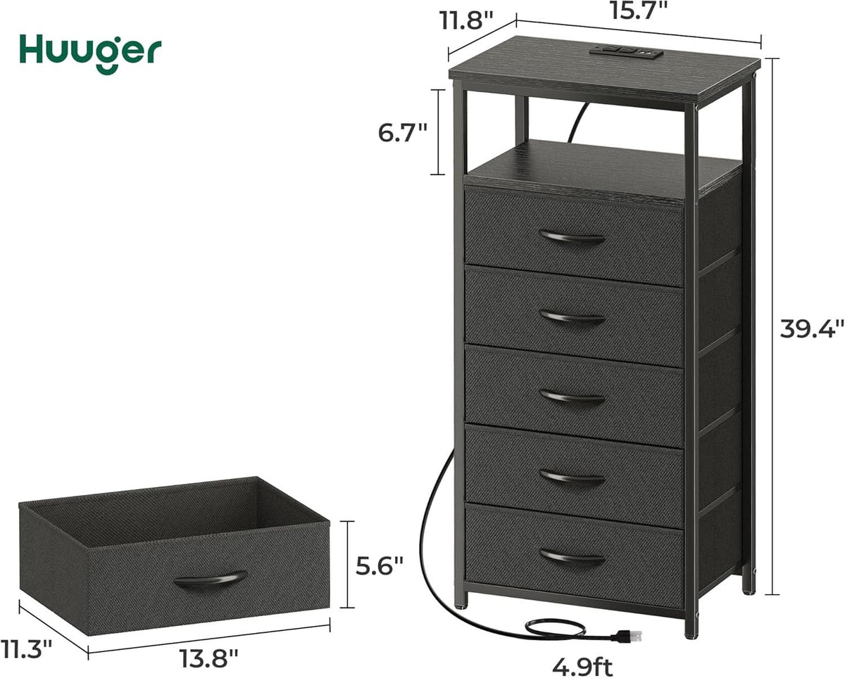 Black Five Drawer Dresser With Integrated Charging Station