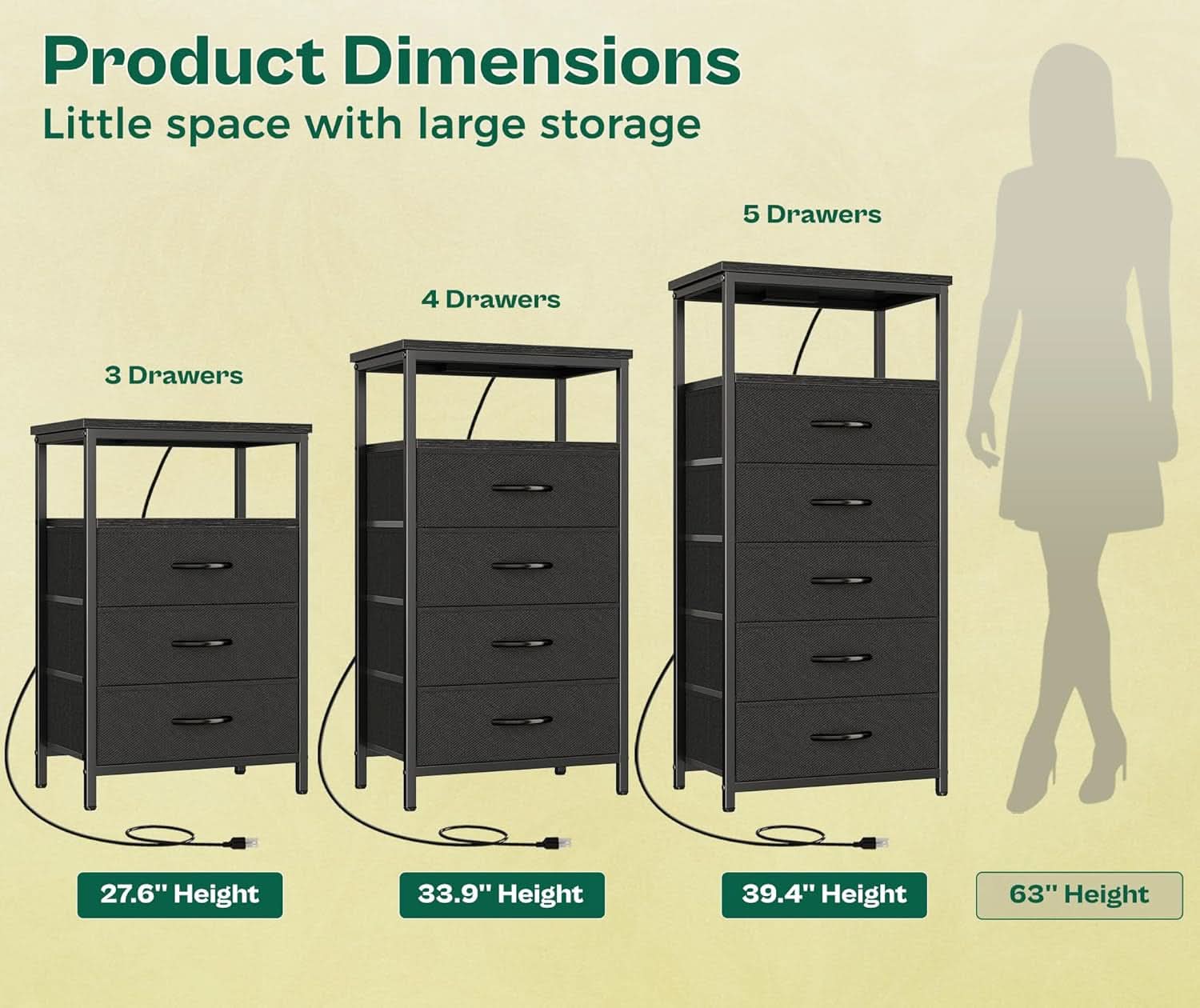 Black Five Drawer Dresser With Integrated Charging Station