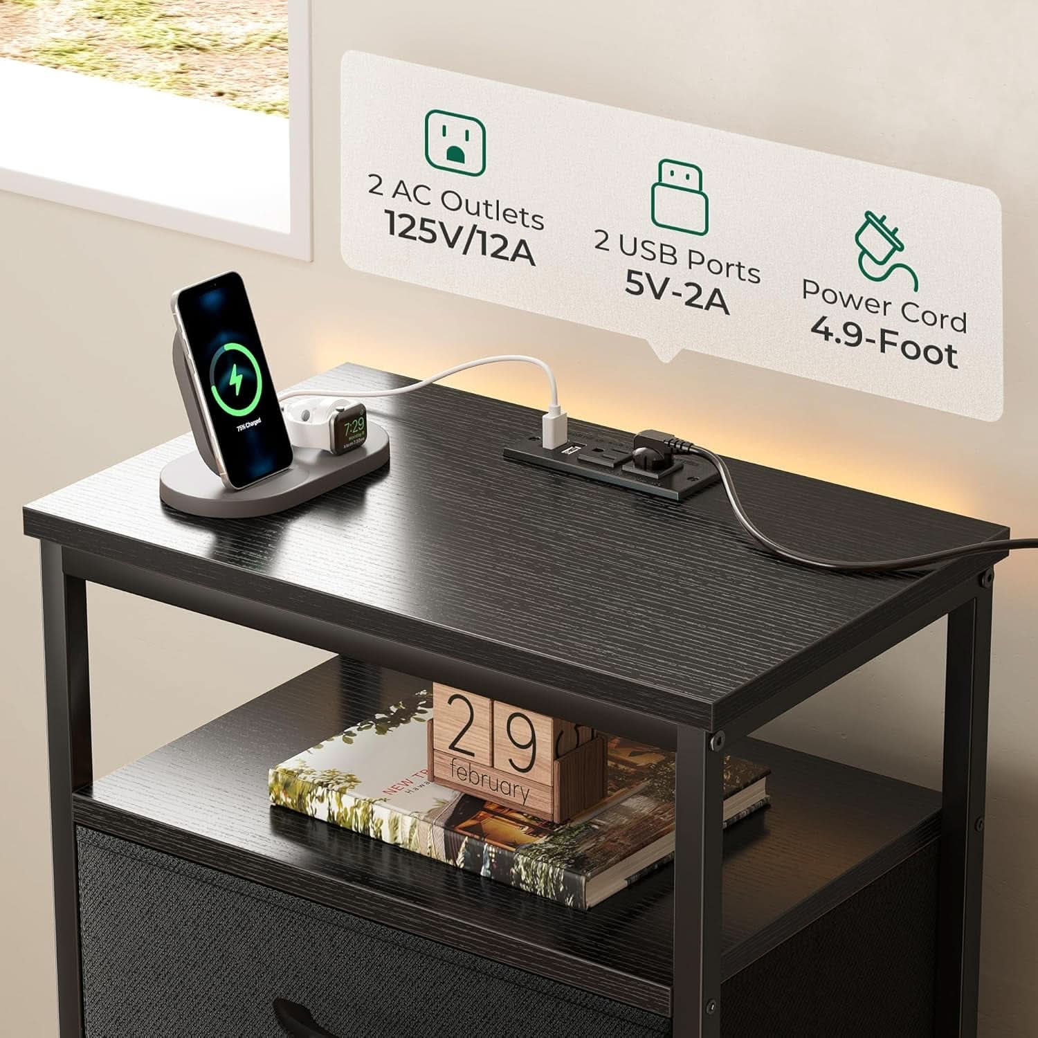 Black Five Drawer Dresser With Integrated Charging Station