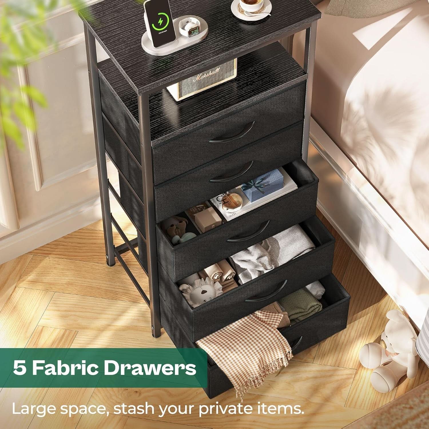 Black Five Drawer Dresser With Integrated Charging Station