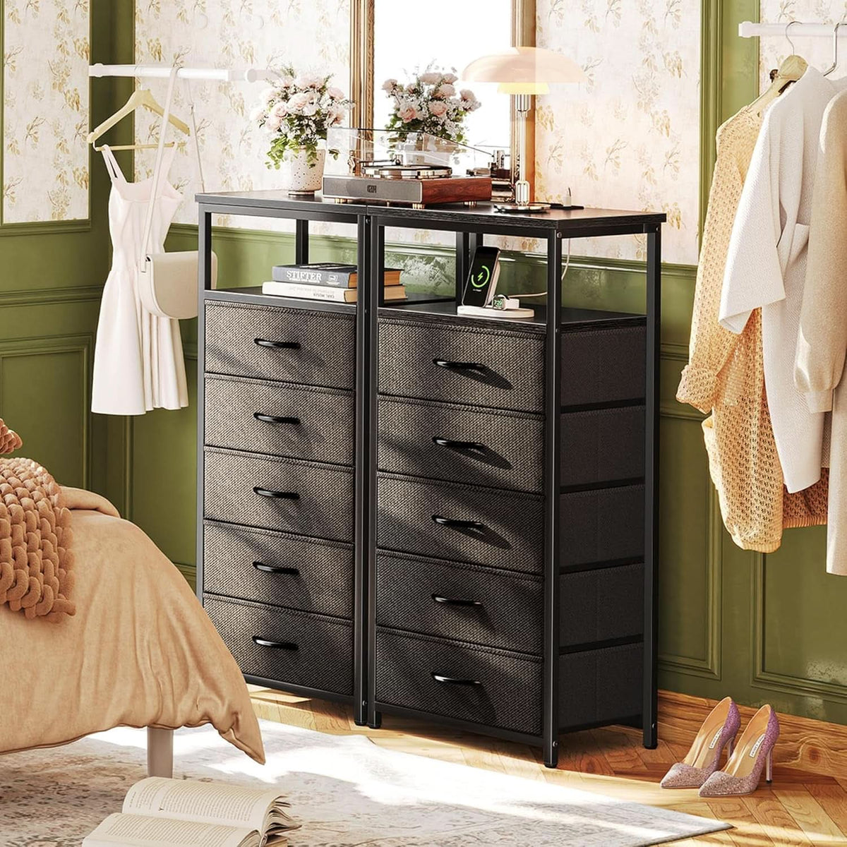 Black Five Drawer Dresser With Integrated Charging Station