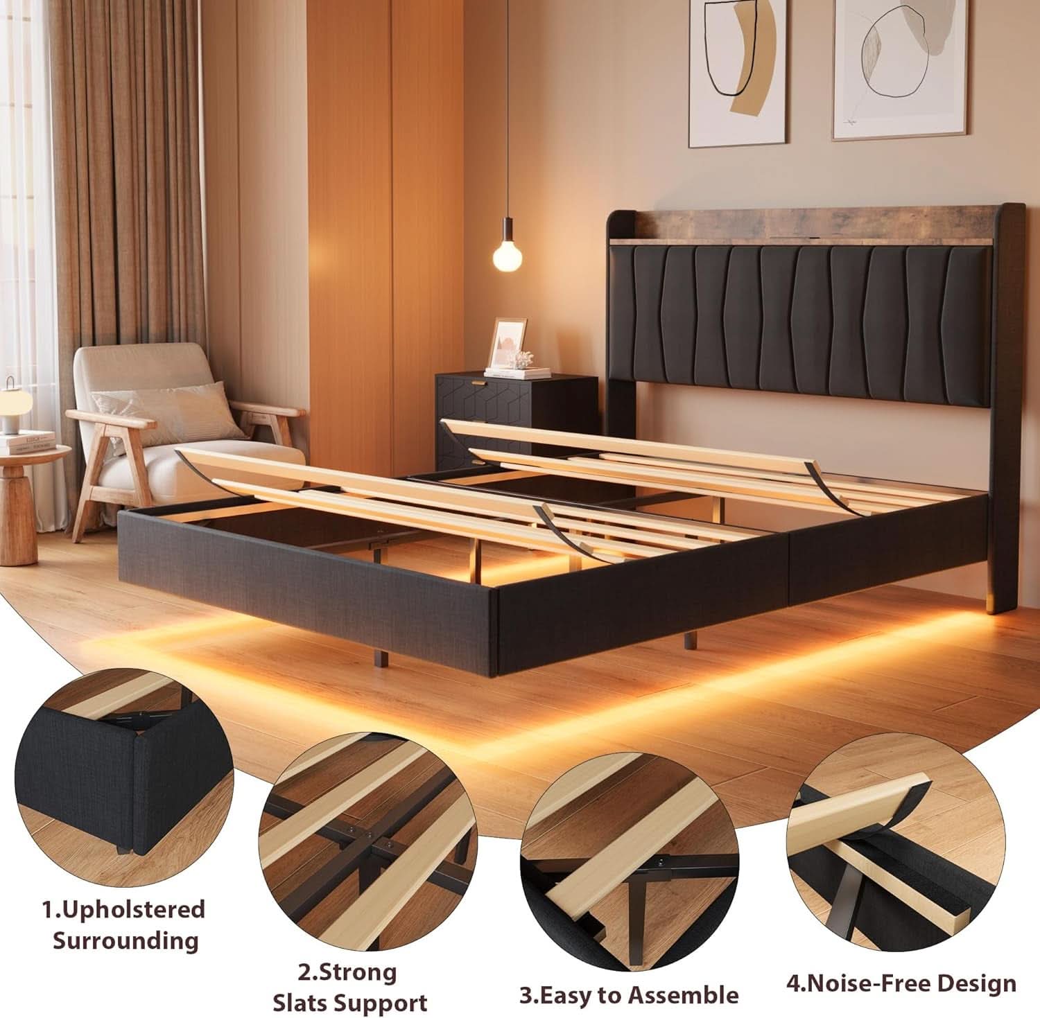 Black Floating Full Bed Frame With Storage Headboard