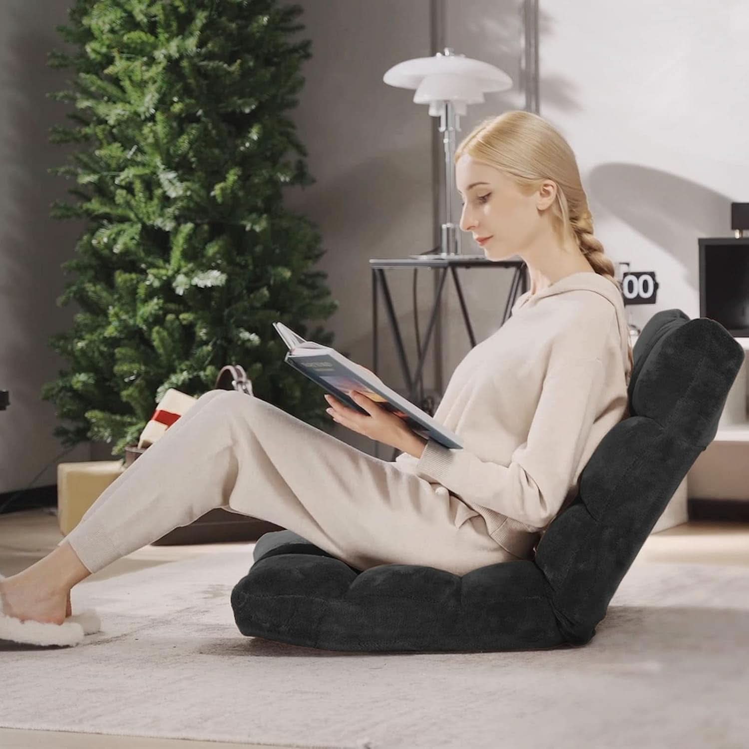 Black Floor Chair With Back Support And 14Position