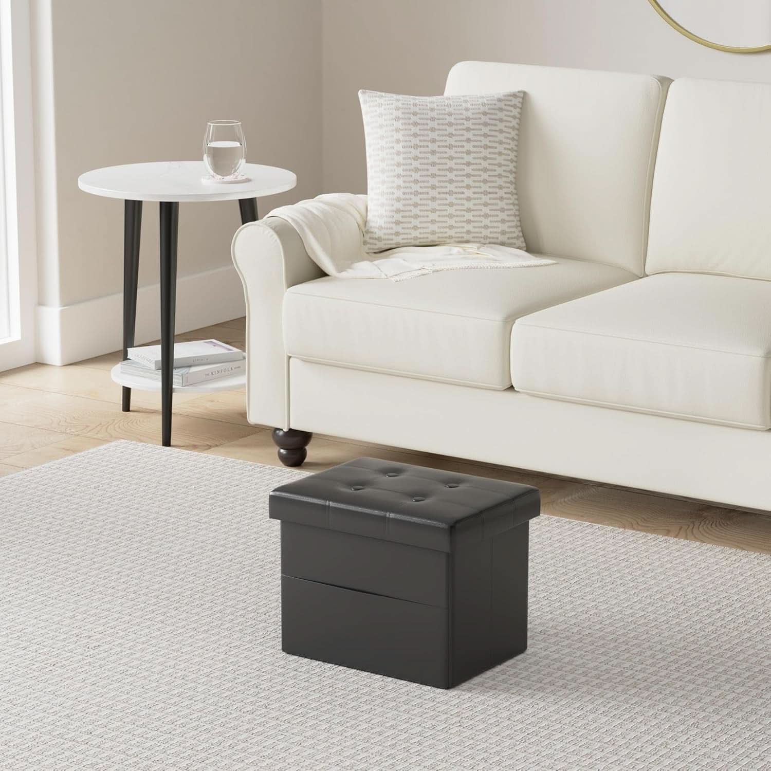 Black Folding Storage Ottoman With Side Pocket