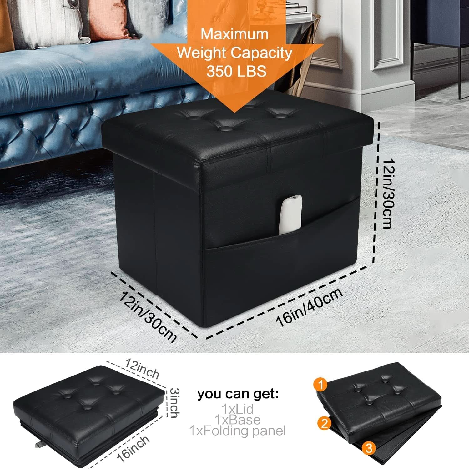 Black Folding Storage Ottoman With Side Pocket