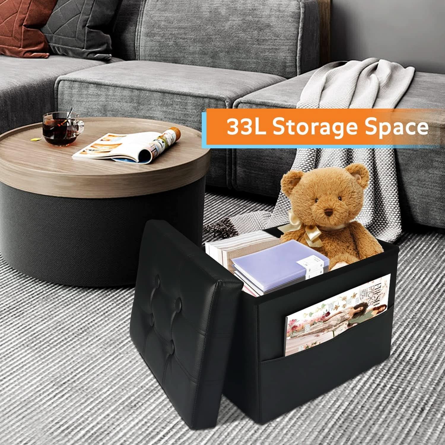 Black Folding Storage Ottoman With Side Pocket