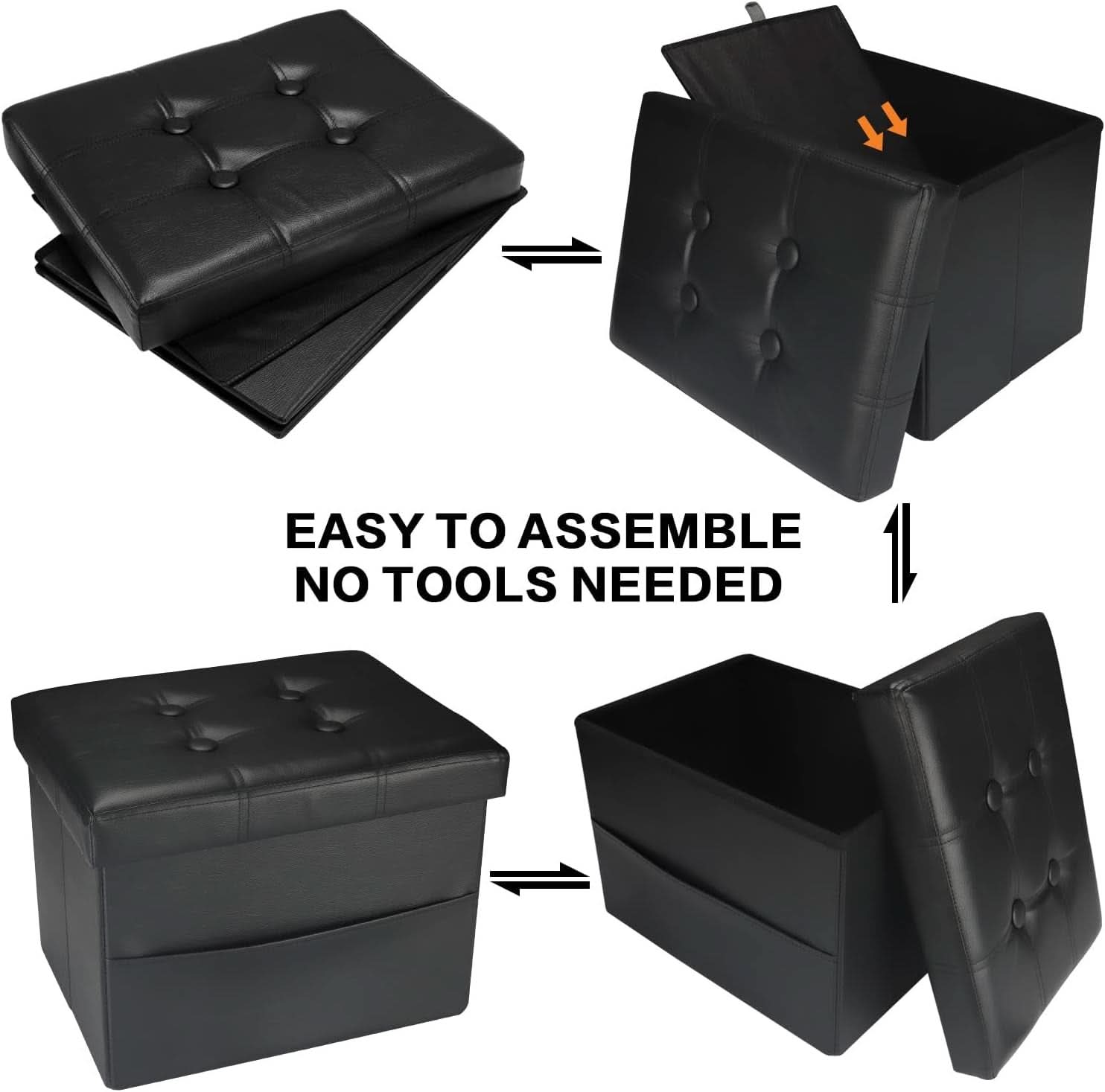 Black Folding Storage Ottoman With Side Pocket