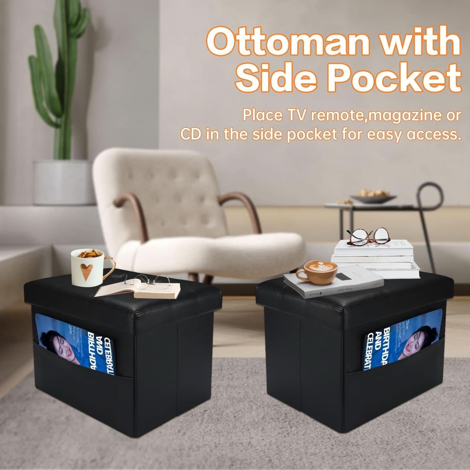 Black Folding Storage Ottoman With Side Pocket
