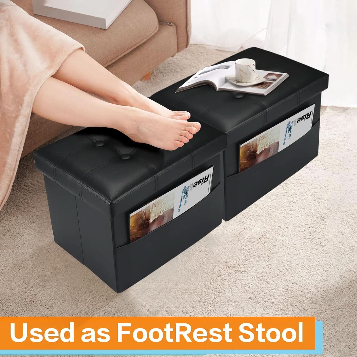 Black Folding Storage Ottoman With Side Pocket