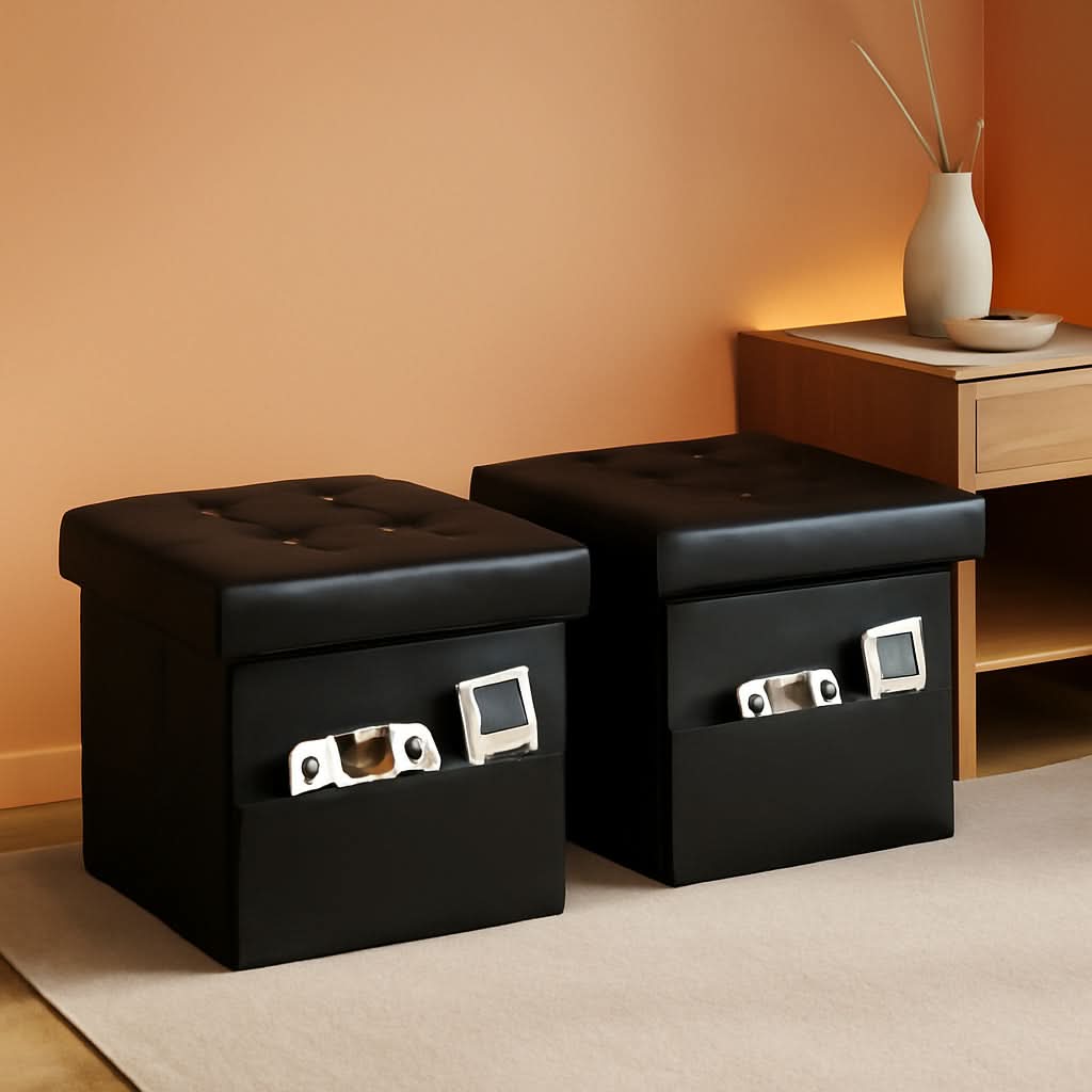 Black Folding Storage Ottoman With Side Pocket