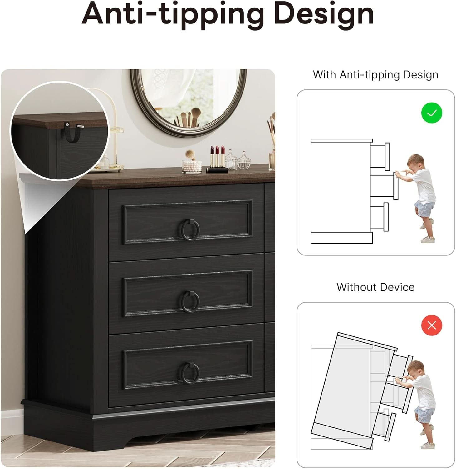 Black FortySevenPointTwoInch Wide Six Drawer Dresser