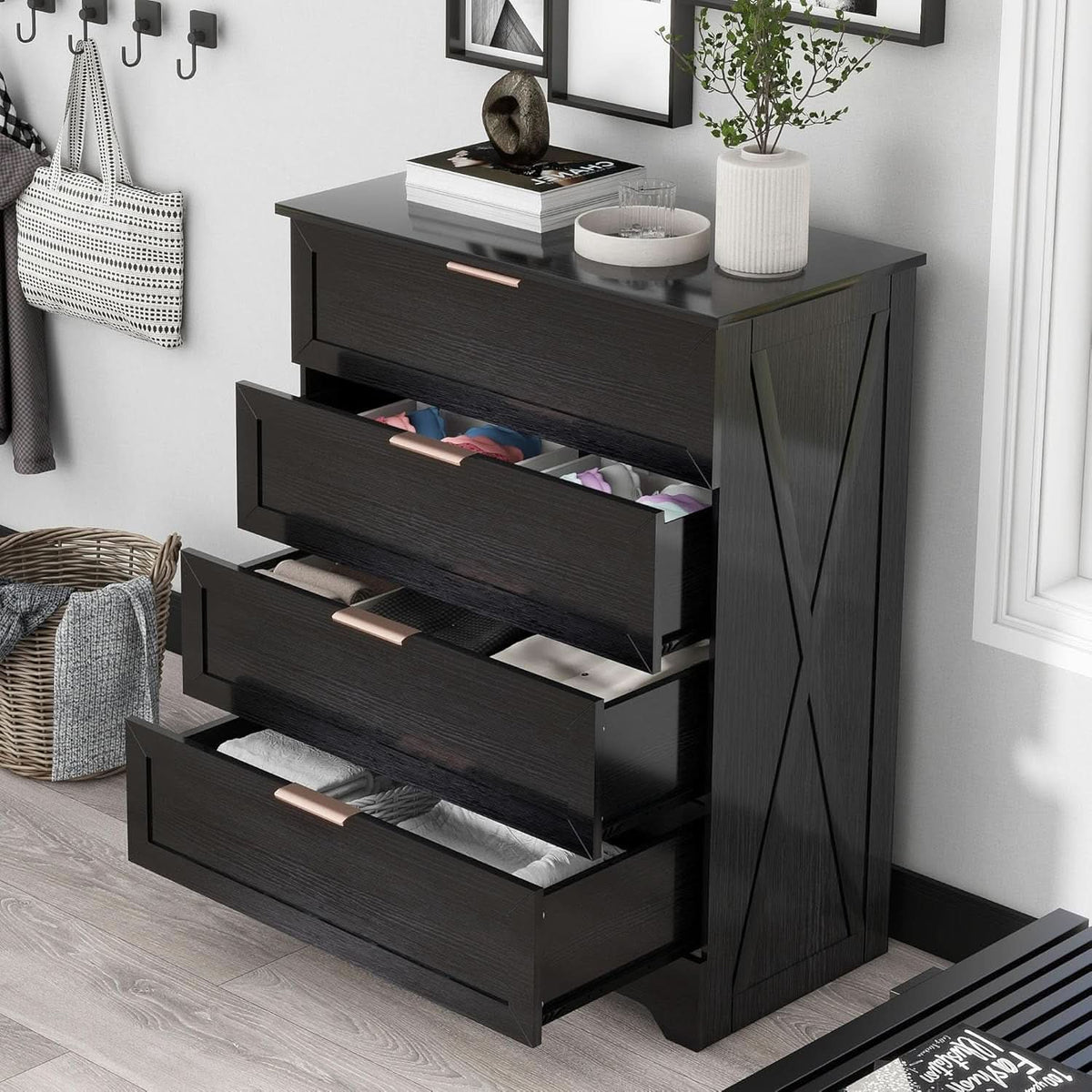 Black Four Drawer Dresser With Rose Gold Handles Arched Base