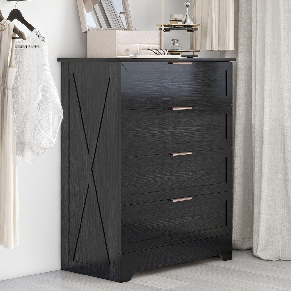Black Four Drawer Dresser With Rose Gold Handles Arched Base