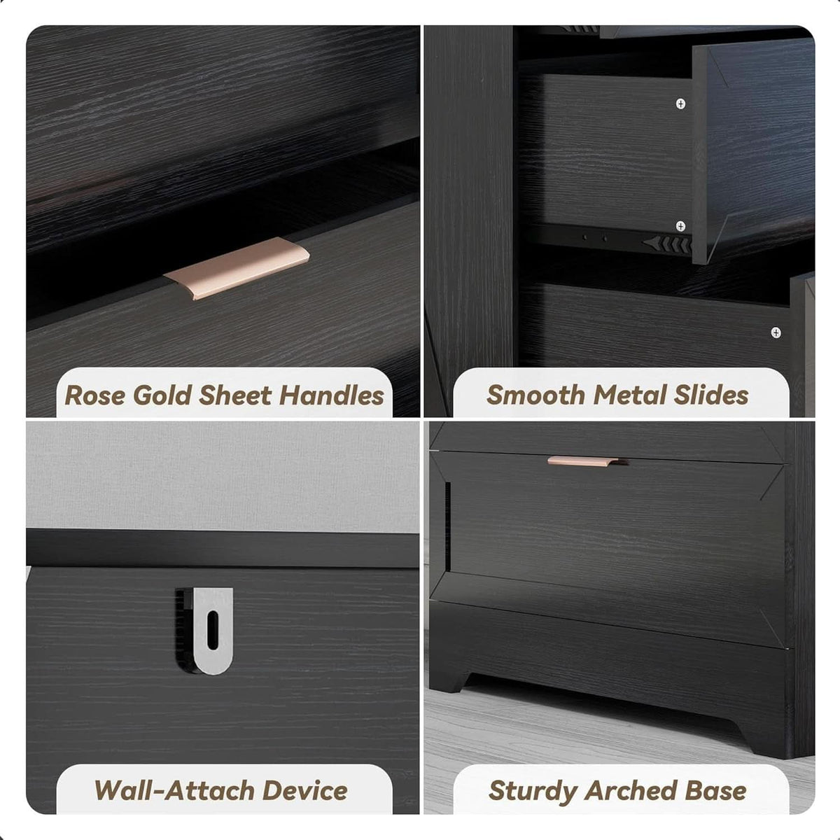 Black Four Drawer Dresser With Rose Gold Handles Arched Base
