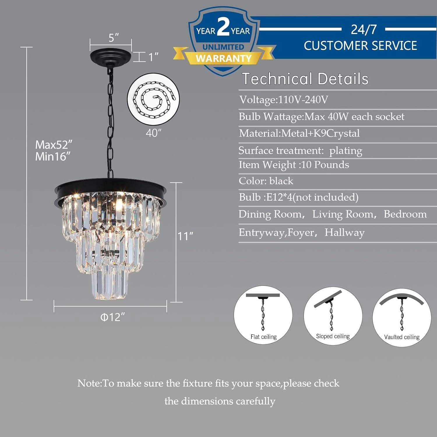 Black Four Light Crystal Chandelier Dining Pendant
