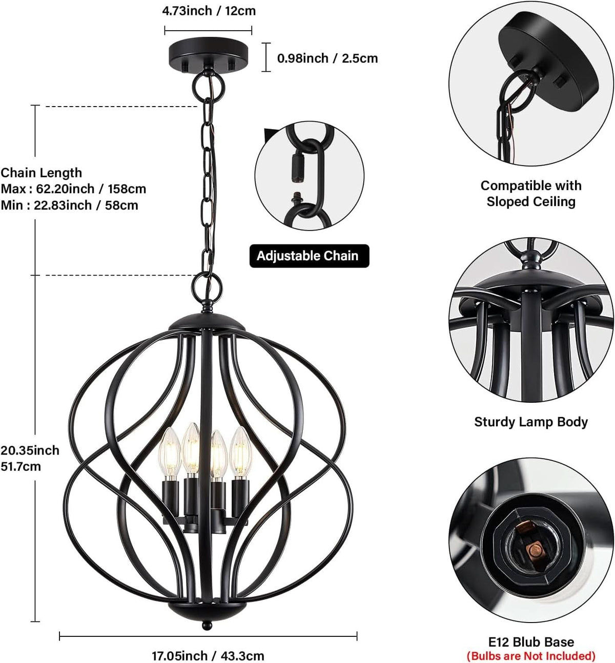 Black Four Light Geometric Pendant Chandelier Dining Room