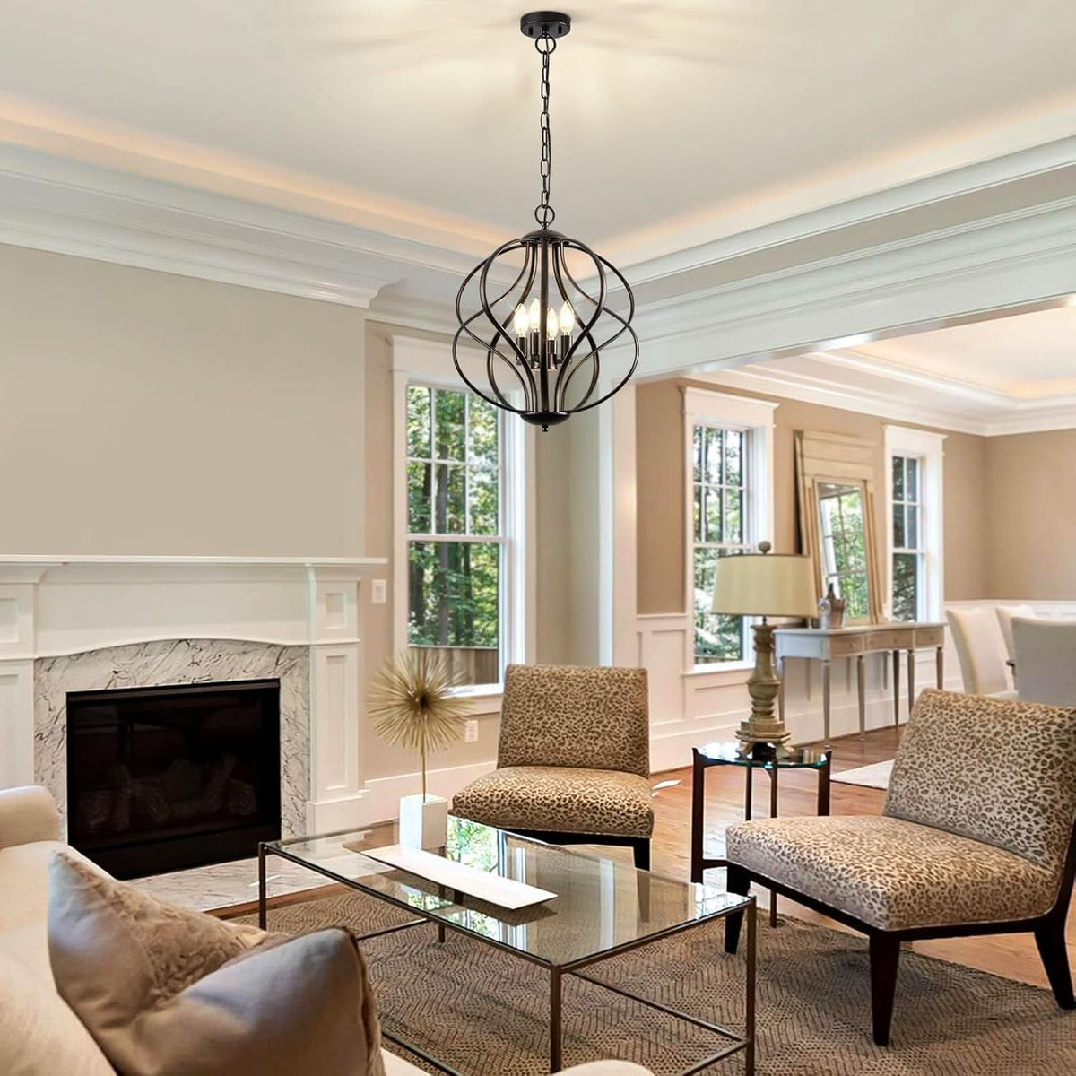 Black Four Light Geometric Pendant Chandelier Dining Room