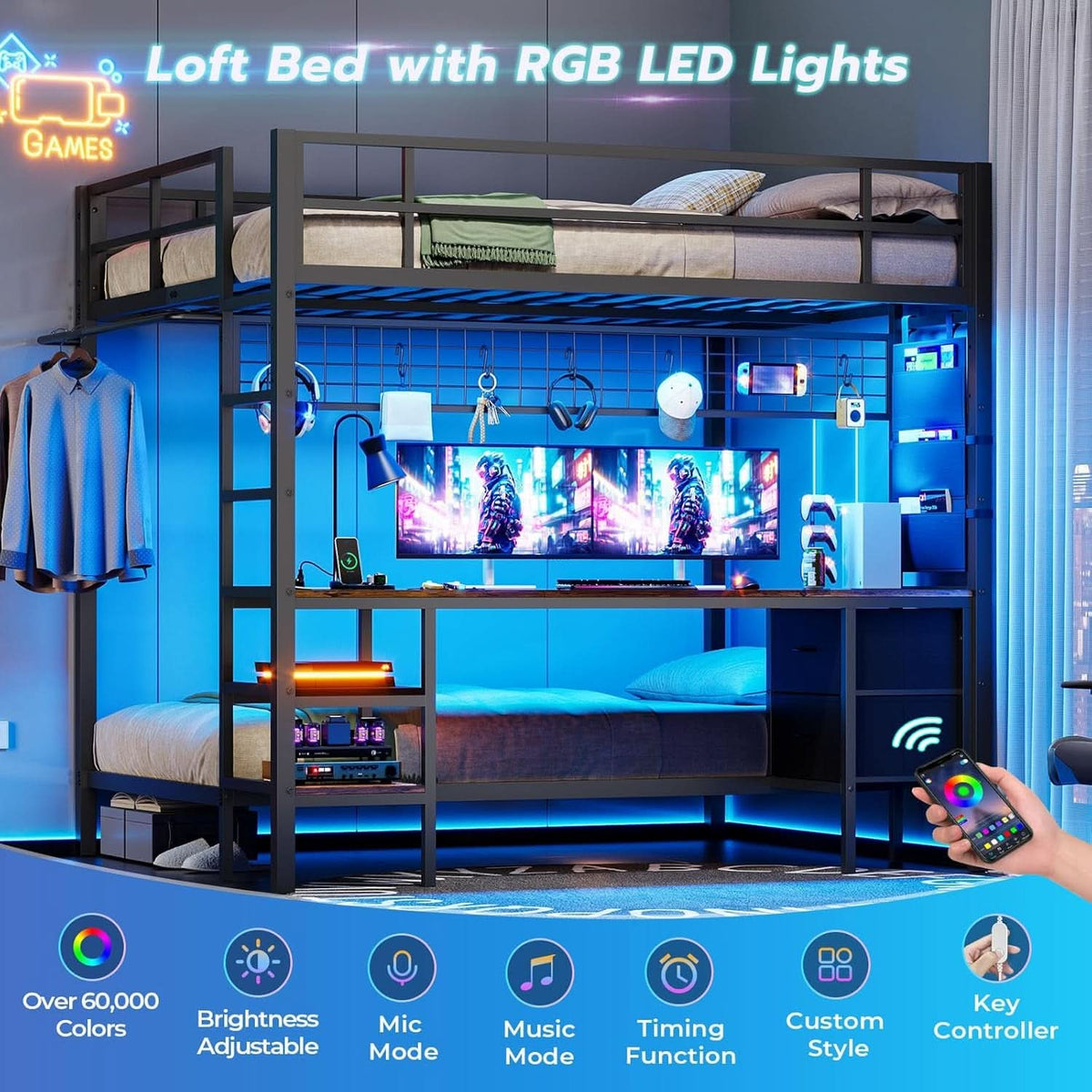 Black Full Over Twin Metal Bunk Bed With Desk LED Lights