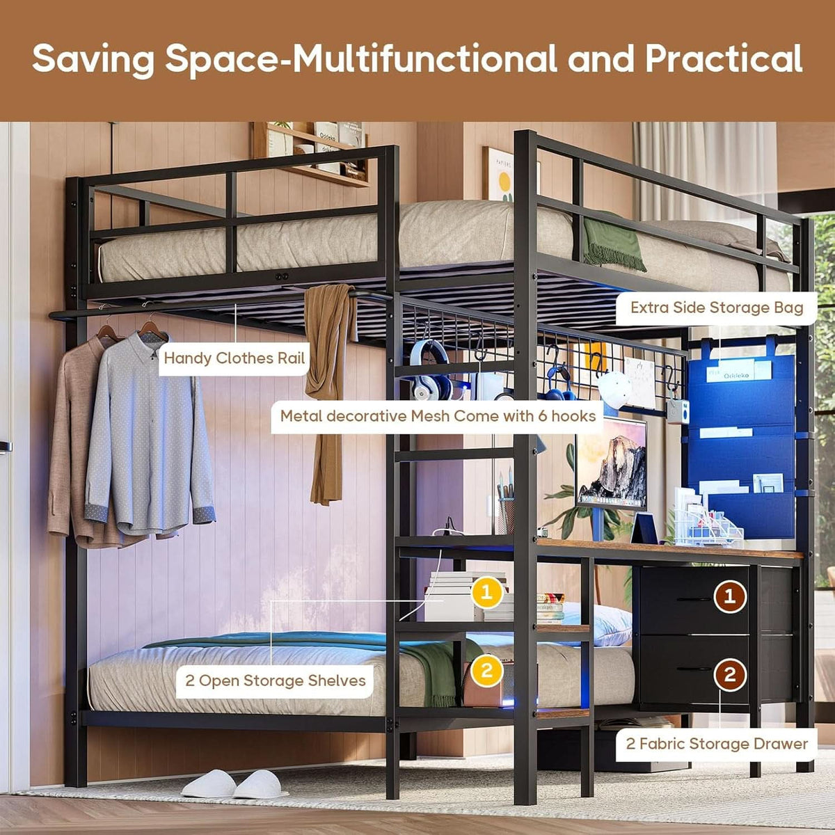 Black Full Over Twin Metal Bunk Bed With Desk LED Lights