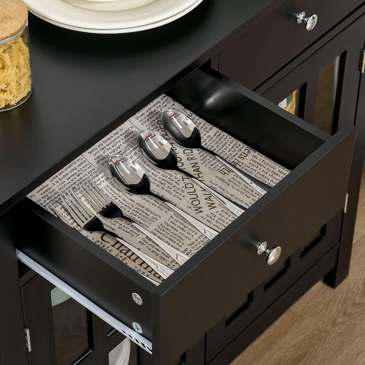 Black Glass Doors Sideboard Buffet Cabinet With Drawers