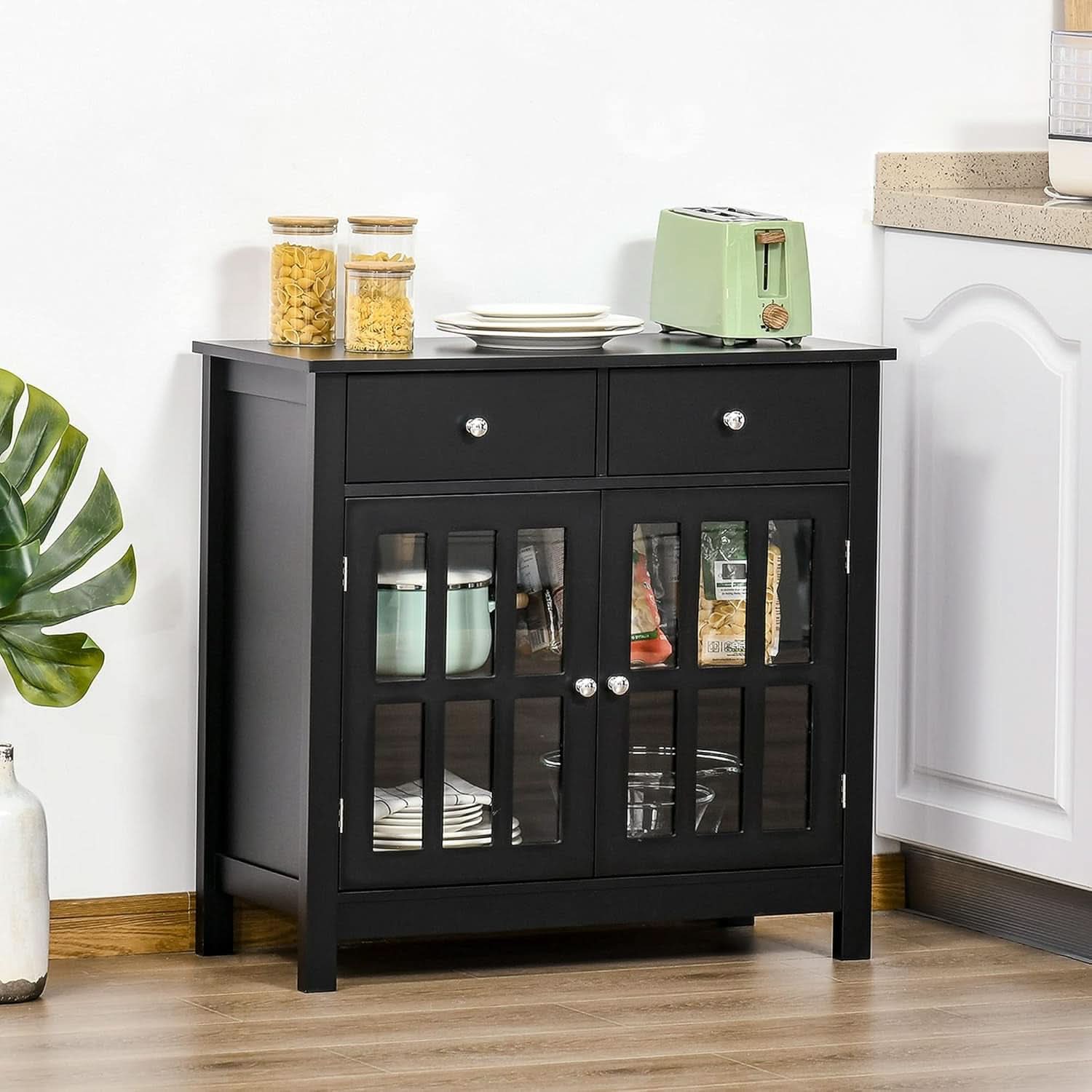 Black Glass Doors Sideboard Buffet Cabinet With Drawers