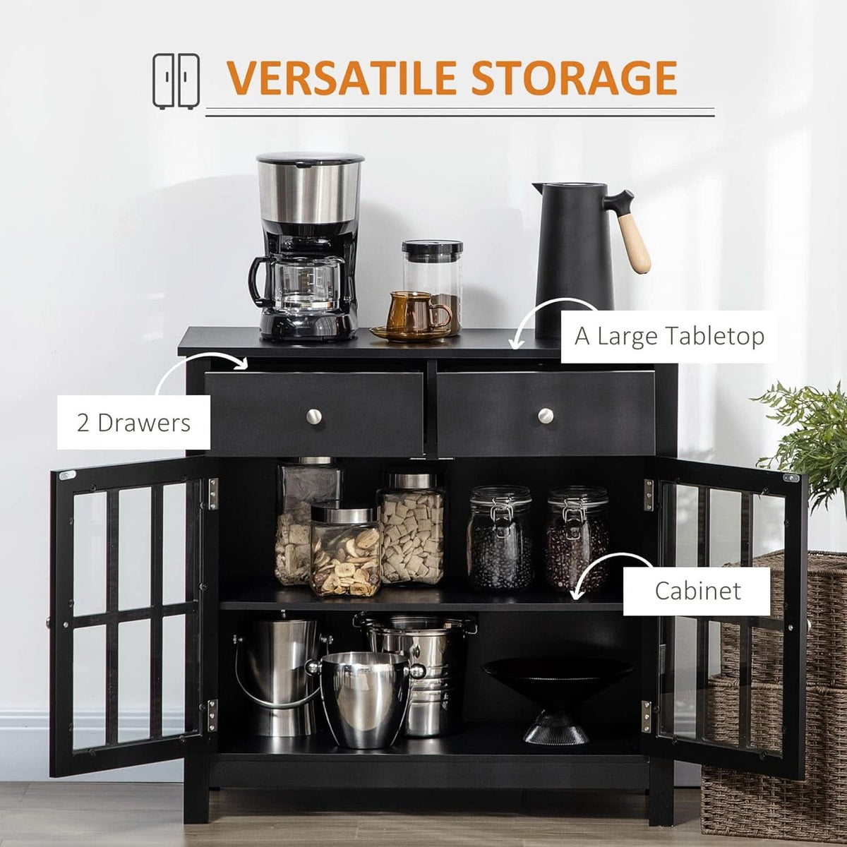 Black Glass Doors Sideboard Buffet Cabinet With Drawers