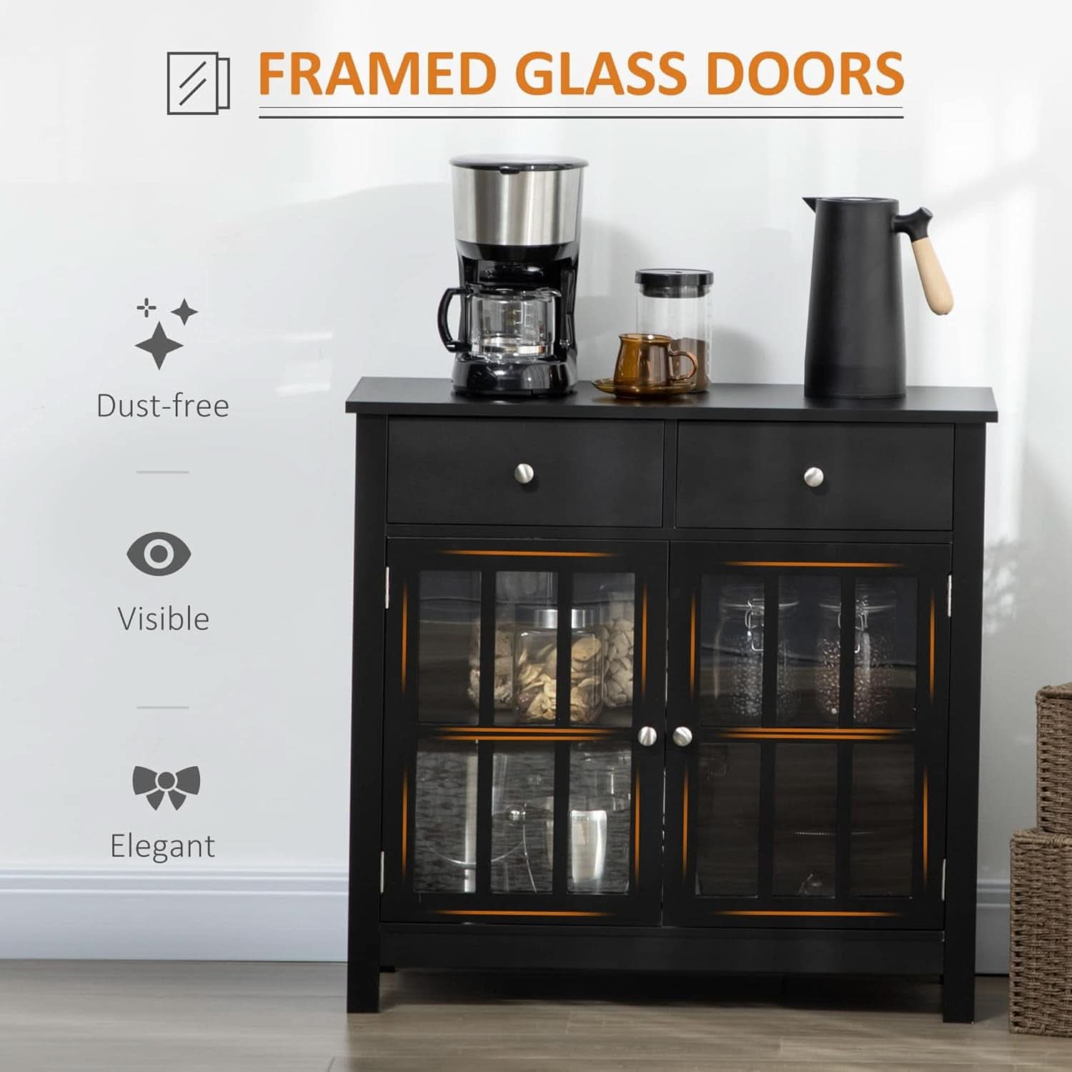 Black Glass Doors Sideboard Buffet Cabinet With Drawers