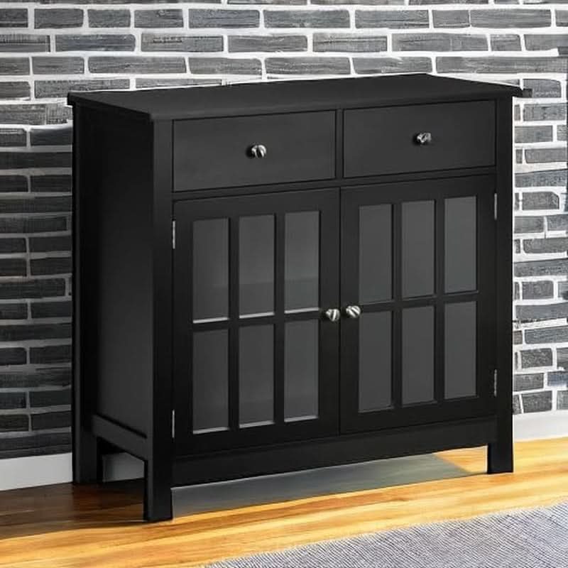 Black Glass Doors Sideboard Buffet Cabinet With Drawers