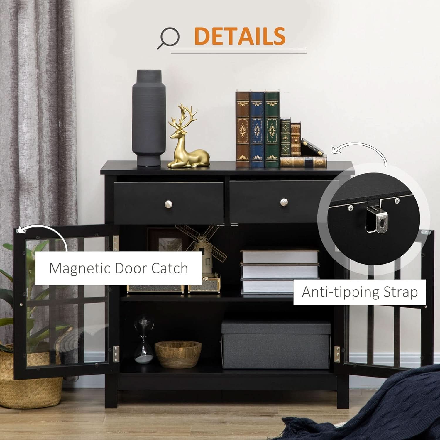 Black Glass Doors Sideboard Buffet Cabinet With Drawers