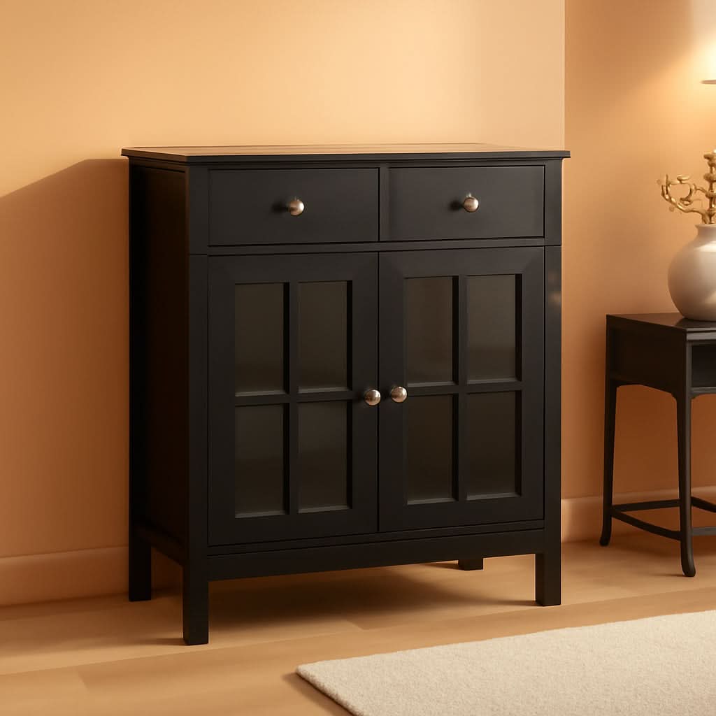 Black Glass Doors Sideboard Buffet Cabinet With Drawers