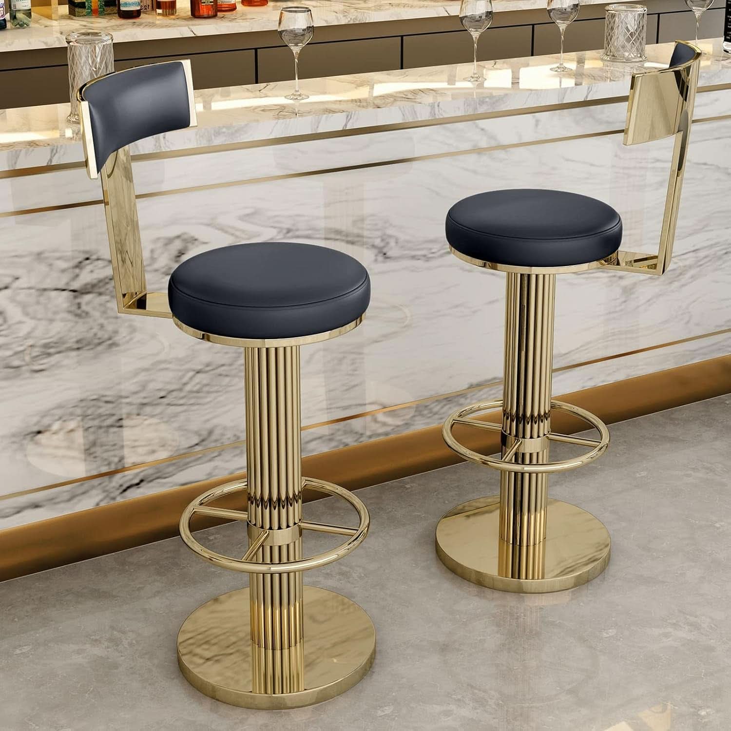Black Gold Swivel Bar Stool With Backrest And Adjustable