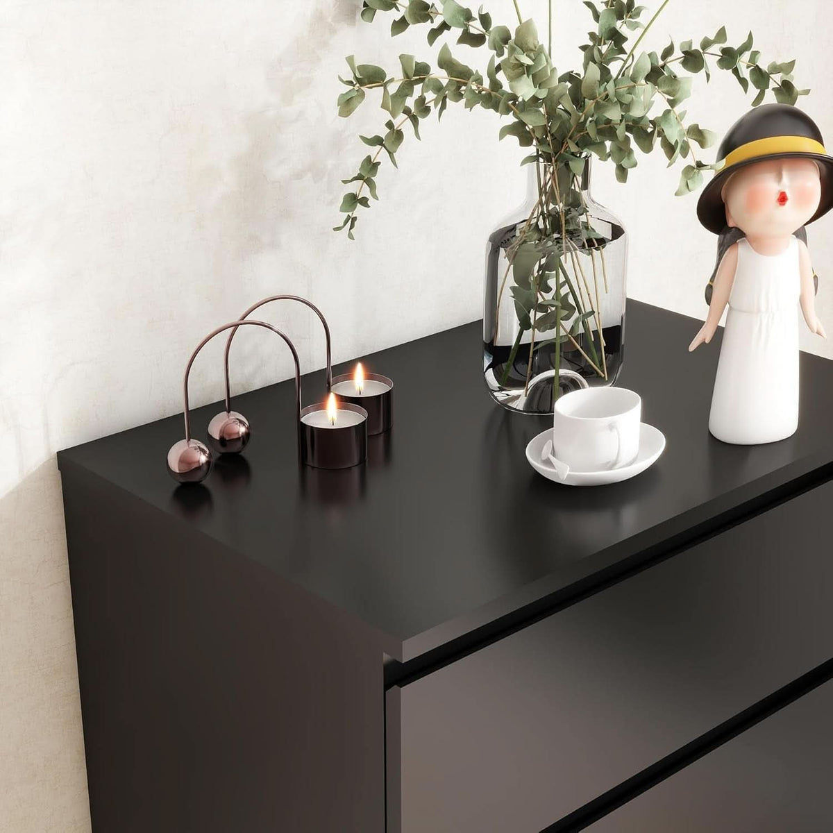 Black Handleless Dresser With 6-Drawer Storage Cabinet
