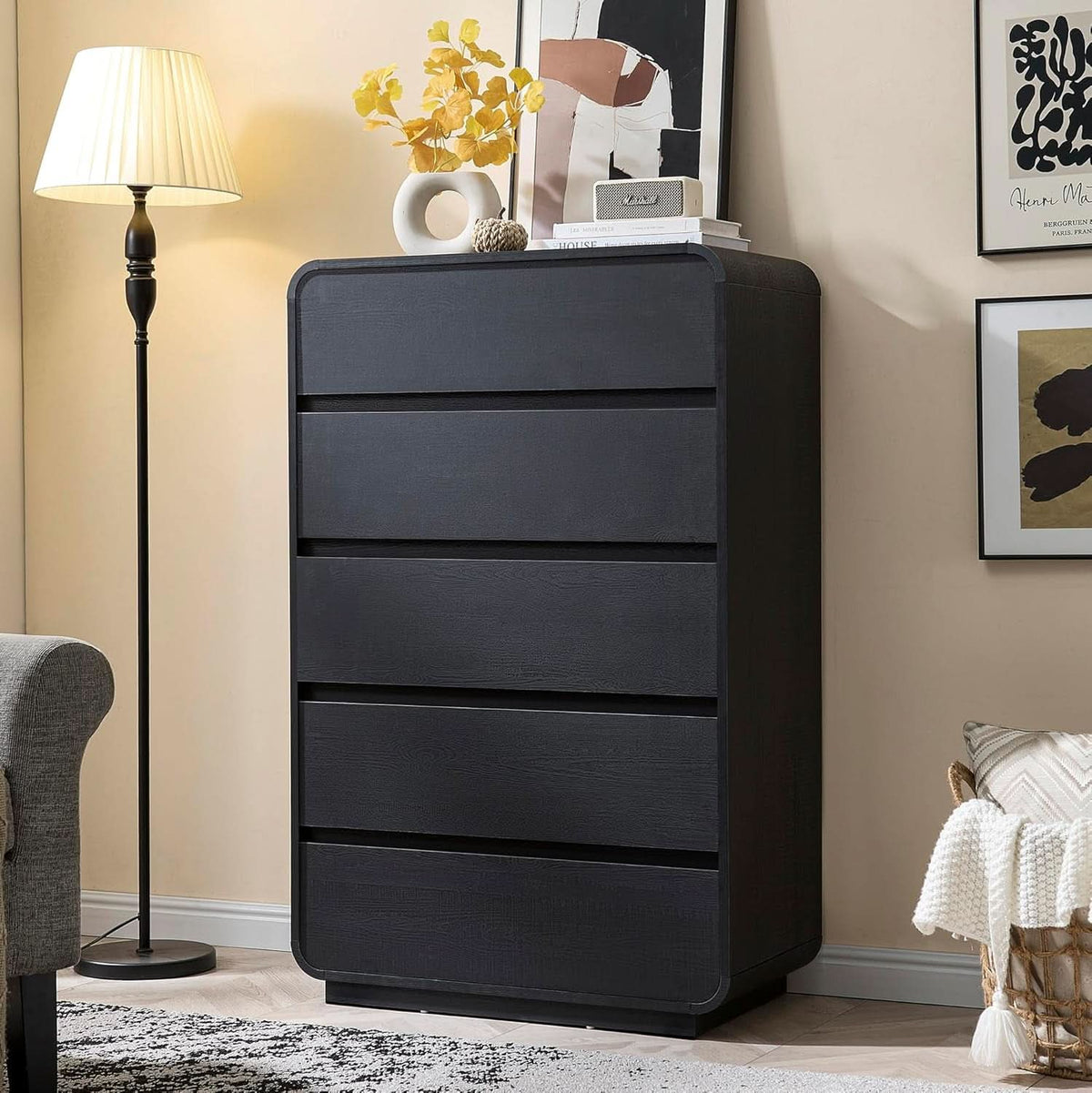 Black Hardwood Dresser With Curved Front Storage Panel