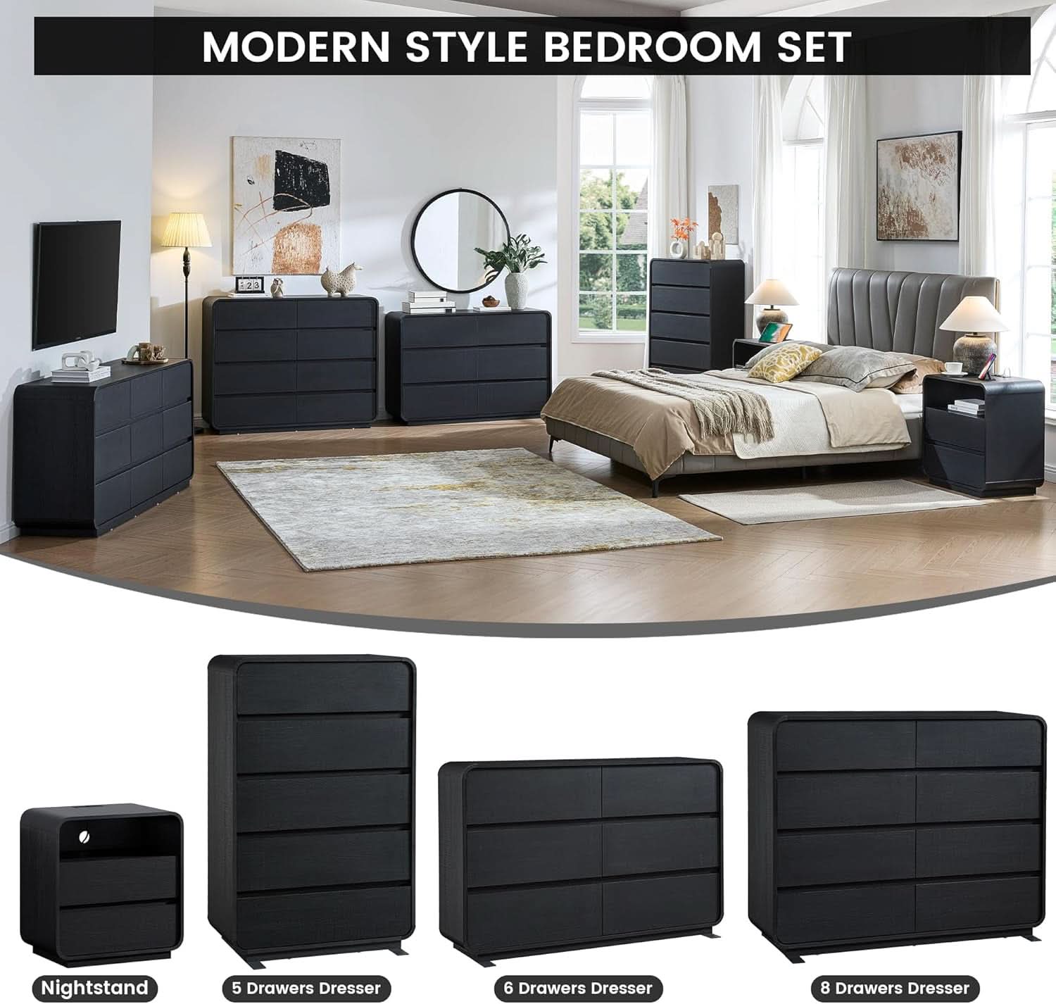 Black Hardwood Dresser With Curved Front Storage Panel