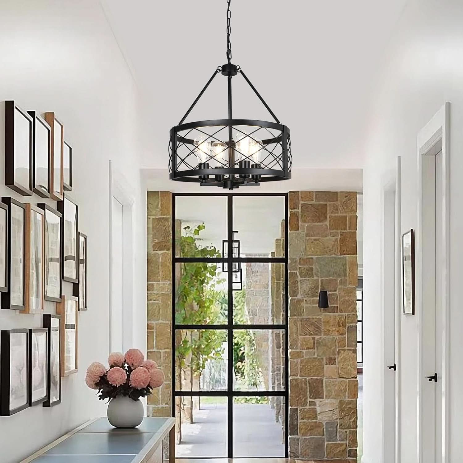 Black Industrial Chandelier Four Light Drum Fixture