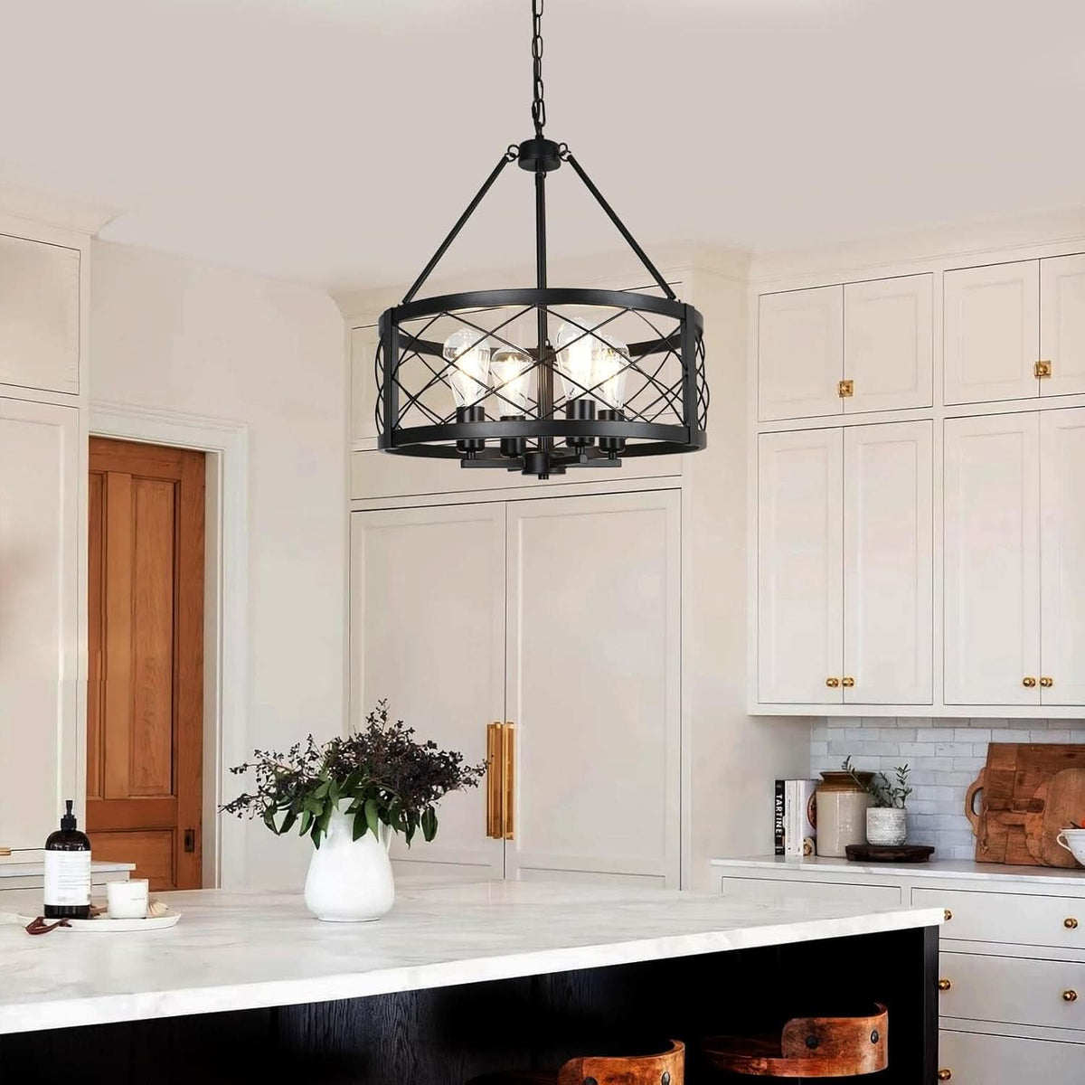 Black Industrial Chandelier Four Light Drum Fixture