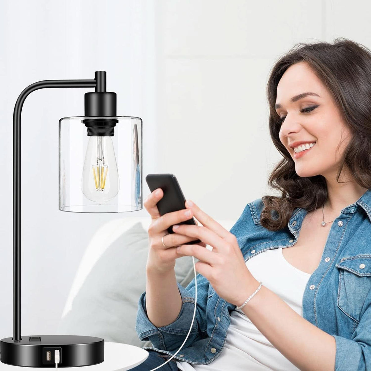 Black Industrial Touch Control Table Lamps With USB Ports